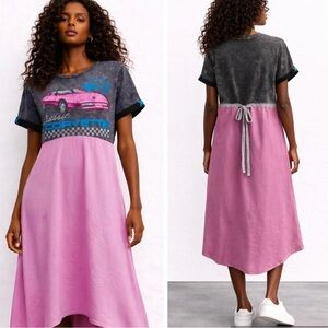 Upcycled Corvette Graphic Cotton Dress M Boho High Low Midi Handmade Tie Back